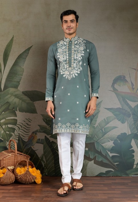 Pista Green Thread & Sequence Hand Embroidered Men’s Kurta Set